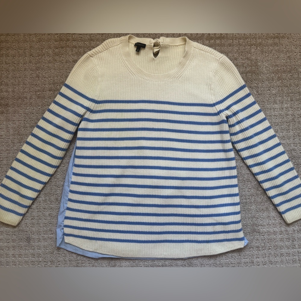 Talbots Striped Knit Sweater Shirt Hem Back Tie Blue Cream Preppy Sz L